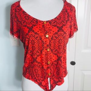 Red Bandana Pattern Tie Front Casual Top Size Medium